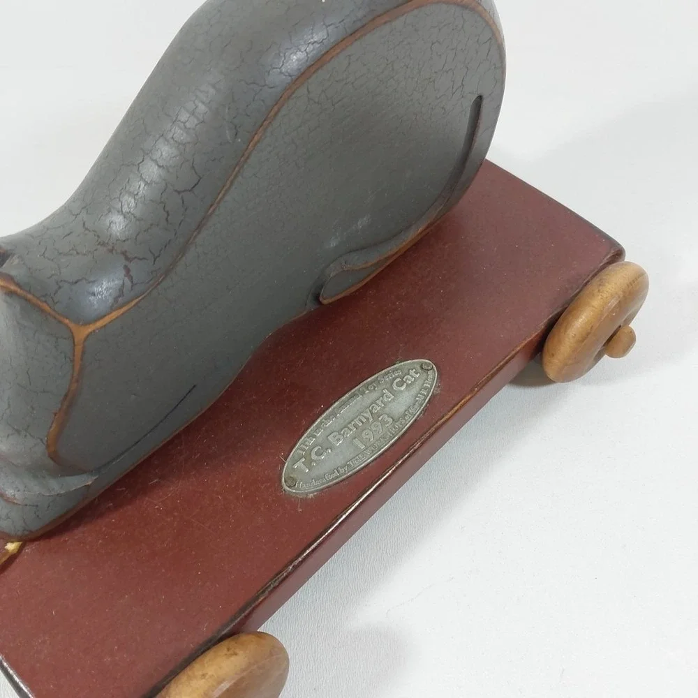 T.C. Barnyard Cat Painted Wood Leather Pull Folk Art Pull Toy Henn Workshop 1993